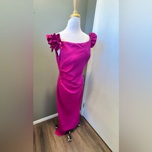 Xscape scuba style orchid color long Dress with Ruffle Shoulder.Sz 14.Slit back